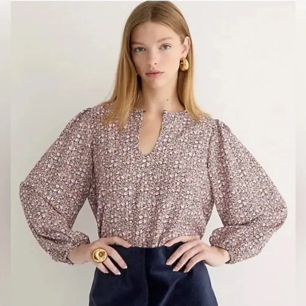 J Crew Womens Puff Sleeve Crepe Top in Floral Flourish Sz S | Feminine‎ Preppy